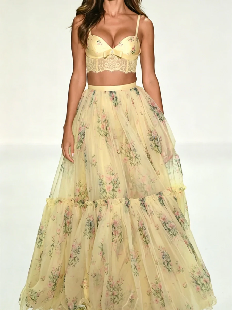 Floral Chiffon Elegant Midi Skirt Halter Neck Strap Set 2-piece Sets - Image 4