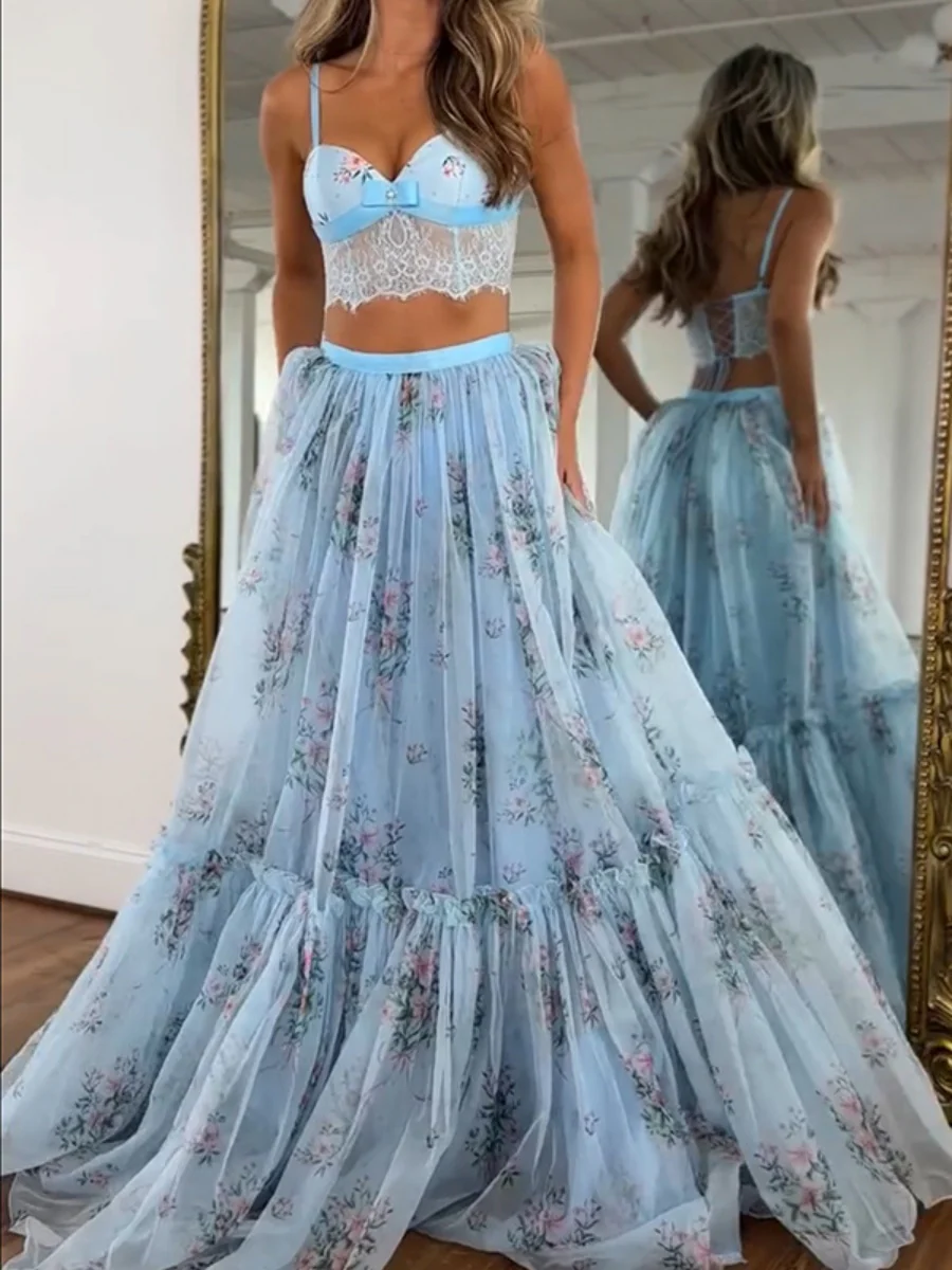 Floral Chiffon Elegant Midi Skirt Halter Neck Strap Set 2-piece Sets - Image 7