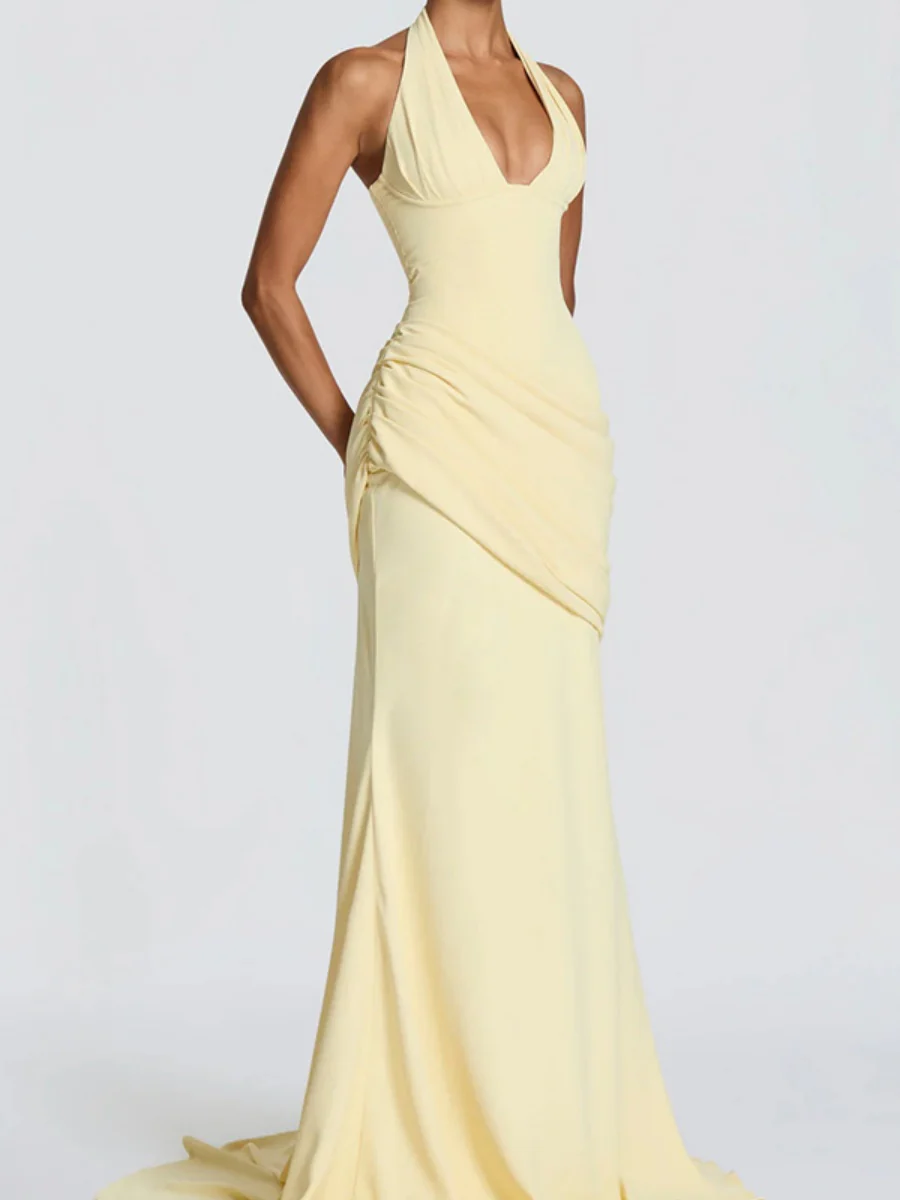 Deep V Halter Backless Mopping Maxi Dresses
