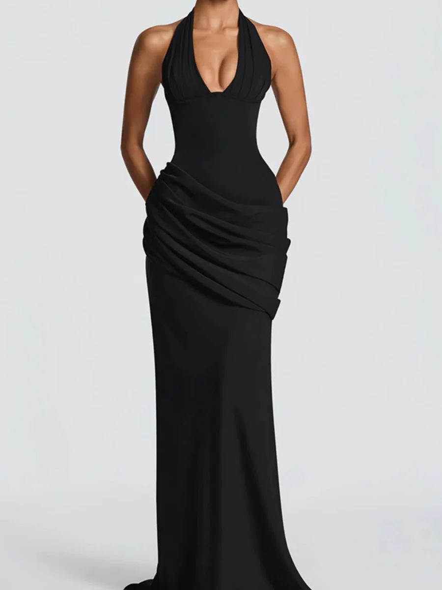 Deep V Halter Backless Mopping Maxi Dresses - Image 5