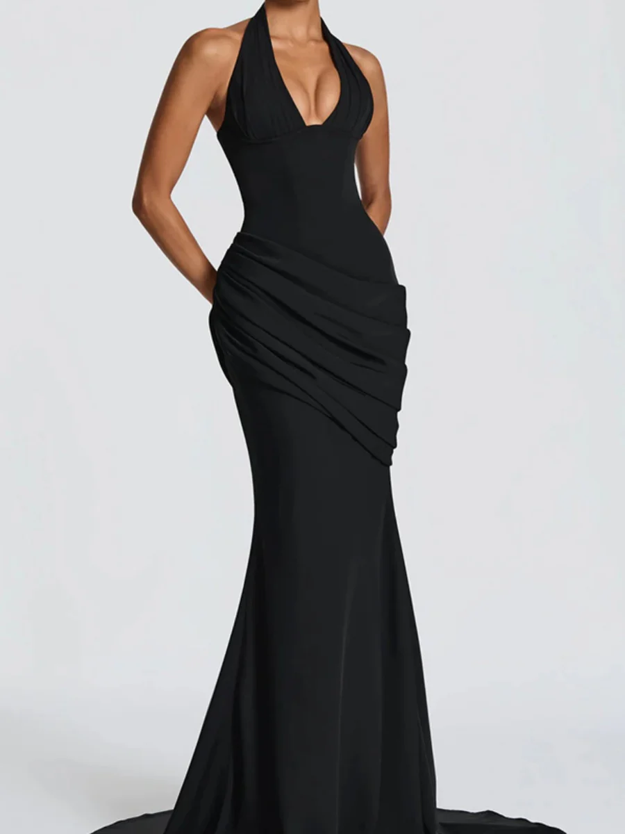 Deep V Halter Backless Mopping Maxi Dresses - Image 6