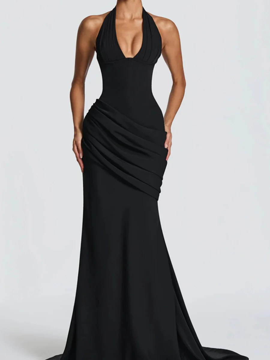 Deep V Halter Backless Mopping Maxi Dresses - Image 7