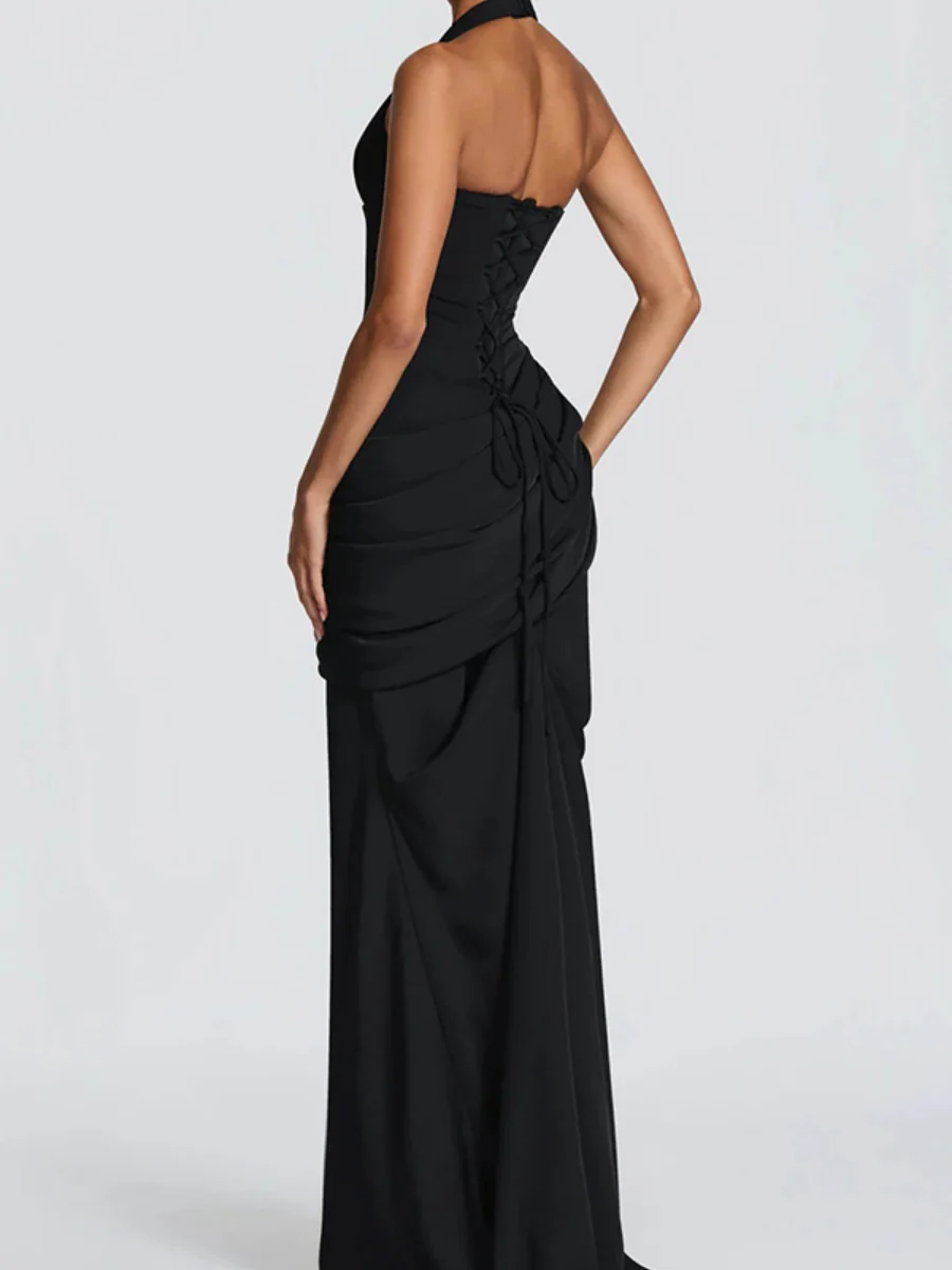 Deep V Halter Backless Mopping Maxi Dresses - Image 8