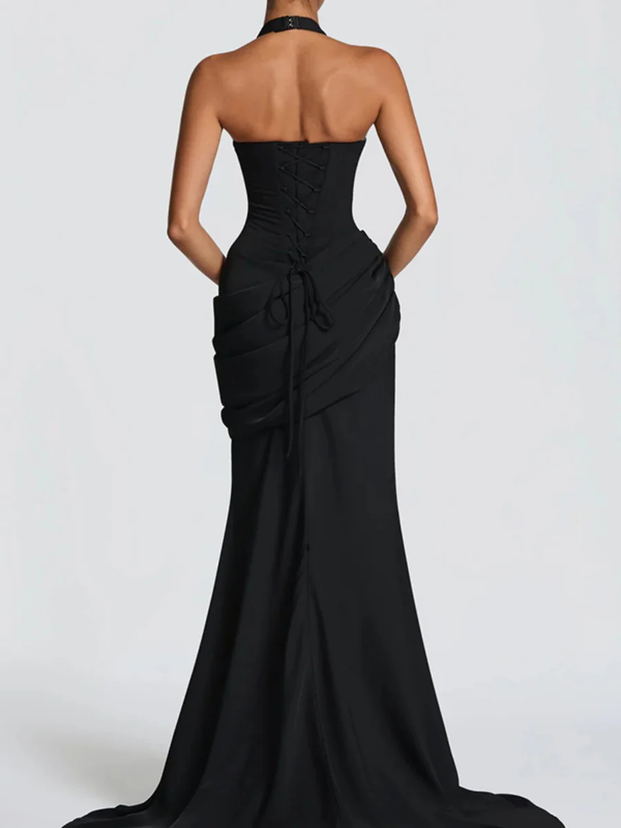 Deep V Halter Backless Mopping Maxi Dresses - Image 9