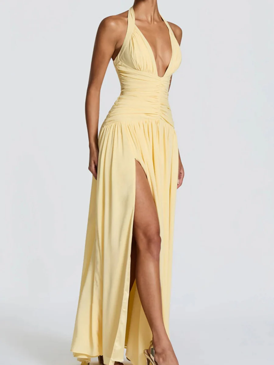Deep V Halter Backless Maxi Dresses
