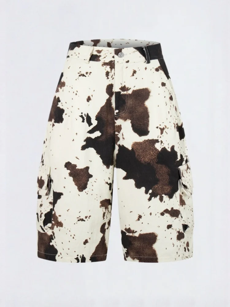 Color-blocked Cow Print Tie-dye Camouflage Denim 7 Points Shorts