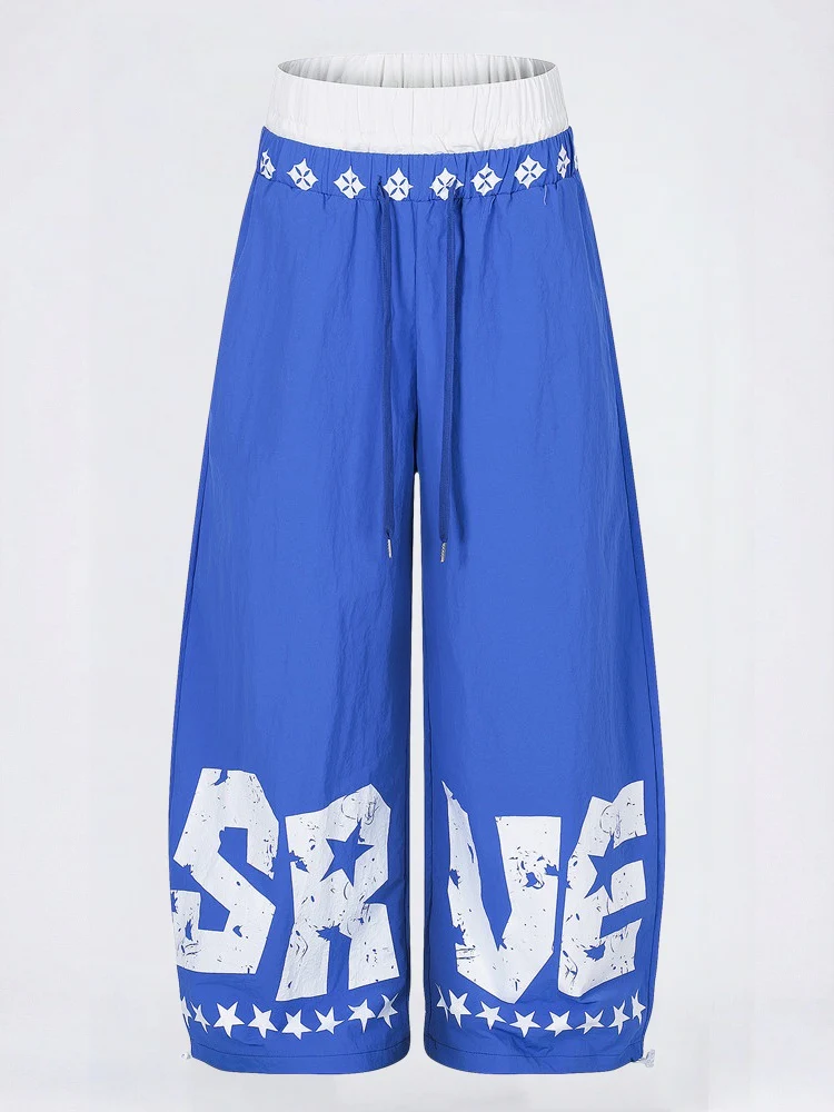 Layered-look Color Matching Wide-leg Vibe Letter Printed Double Waistband Pants