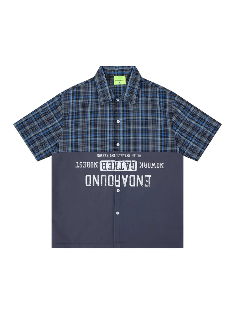 Color-blocked Patchwork Plaid Letter Printed Hip Hop Shirts - Image 2