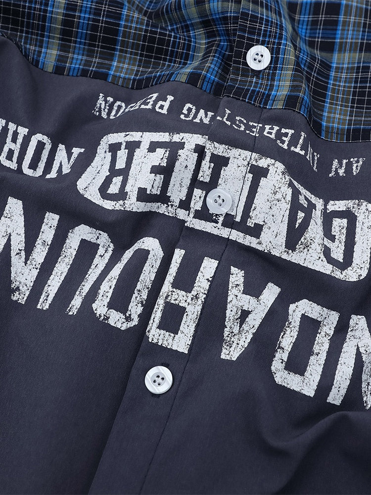 Color-blocked Patchwork Plaid Letter Printed Hip Hop Shirts - Image 4