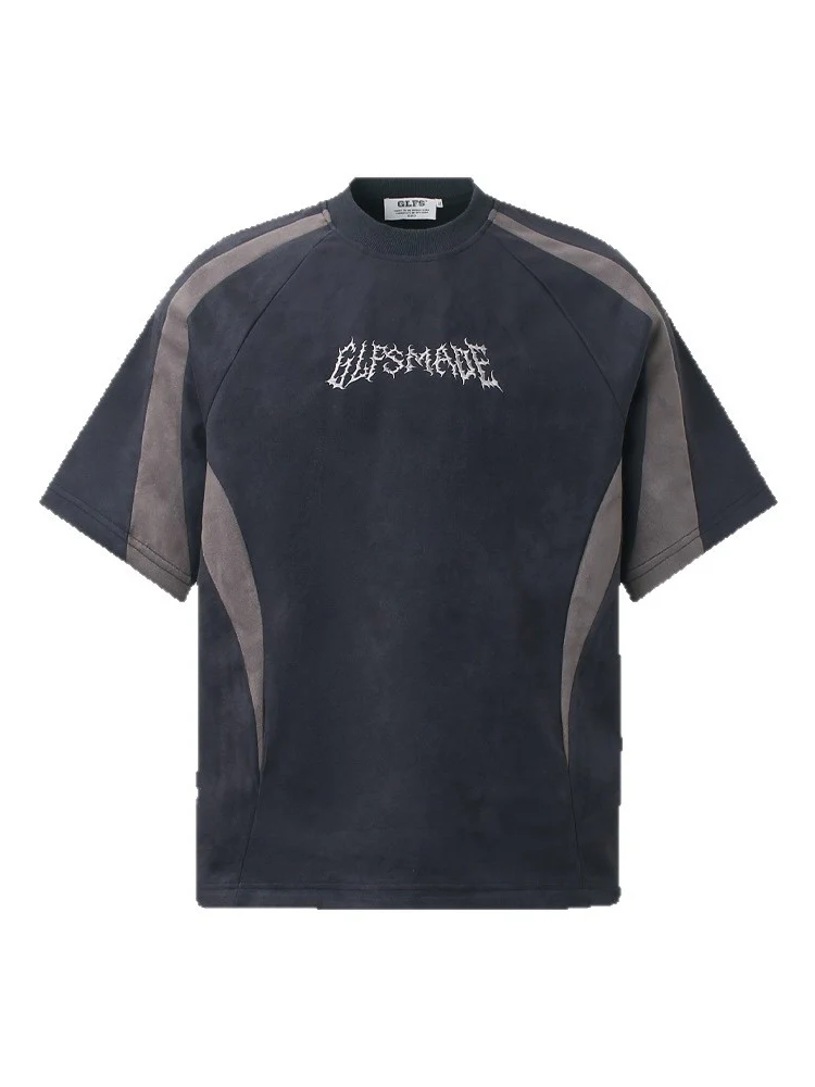 Suede Locomotive Machete Patchwork Embroidery T-shirt - Image 2