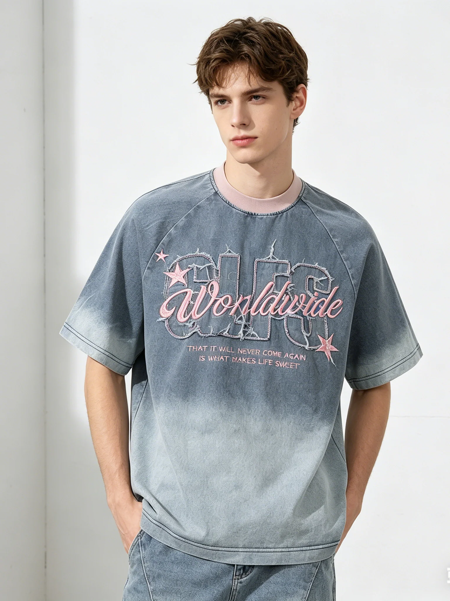 Patches Embroidery Gradient Personality Denim T-shirt