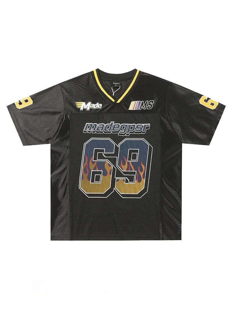 Patchwork Mesh 69 Flame College Style T-shirt - Image 2