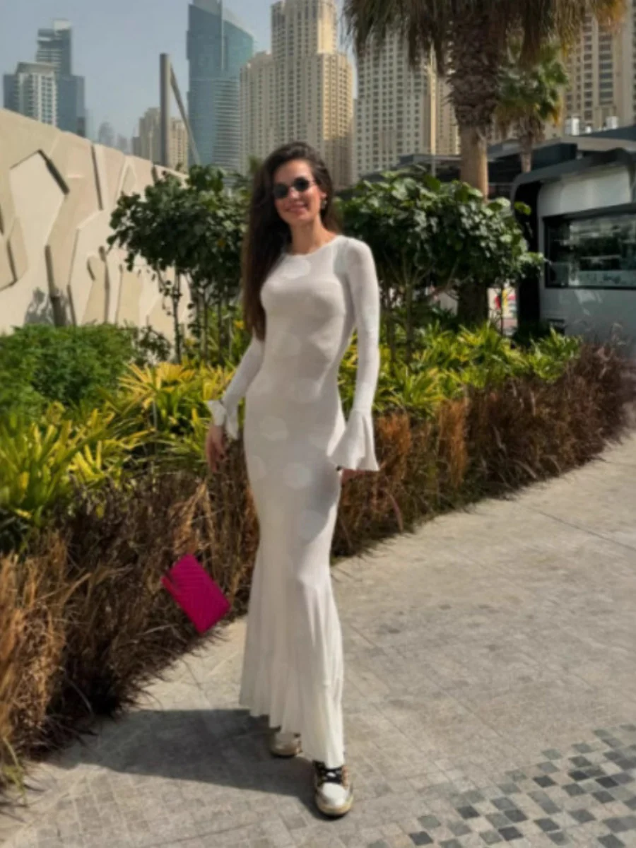 Round Neck, Bell Sleeves, Backless, Tie-up Long Dress - Image 4