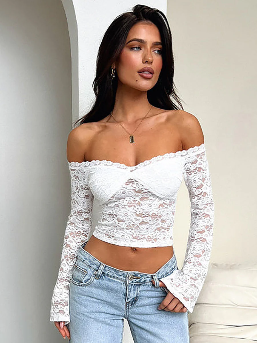 Fitted Lace Off-shoulder Short See-through Top - Image 12