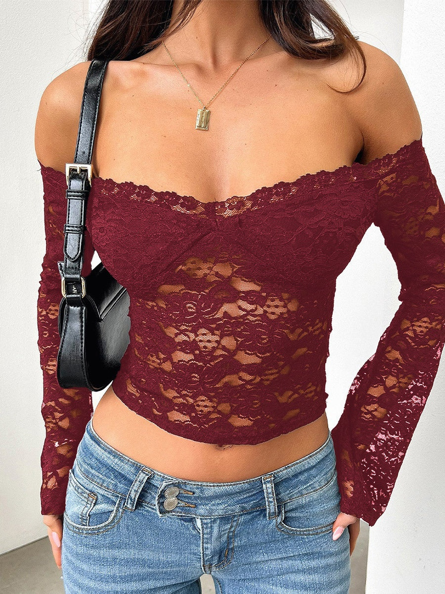Fitted Lace Off-shoulder Short See-through Top - Image 13