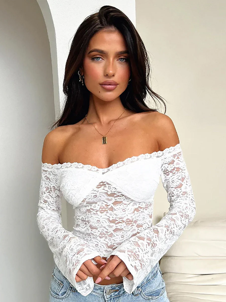 Fitted Lace Off-shoulder Short See-through Top - Image 9