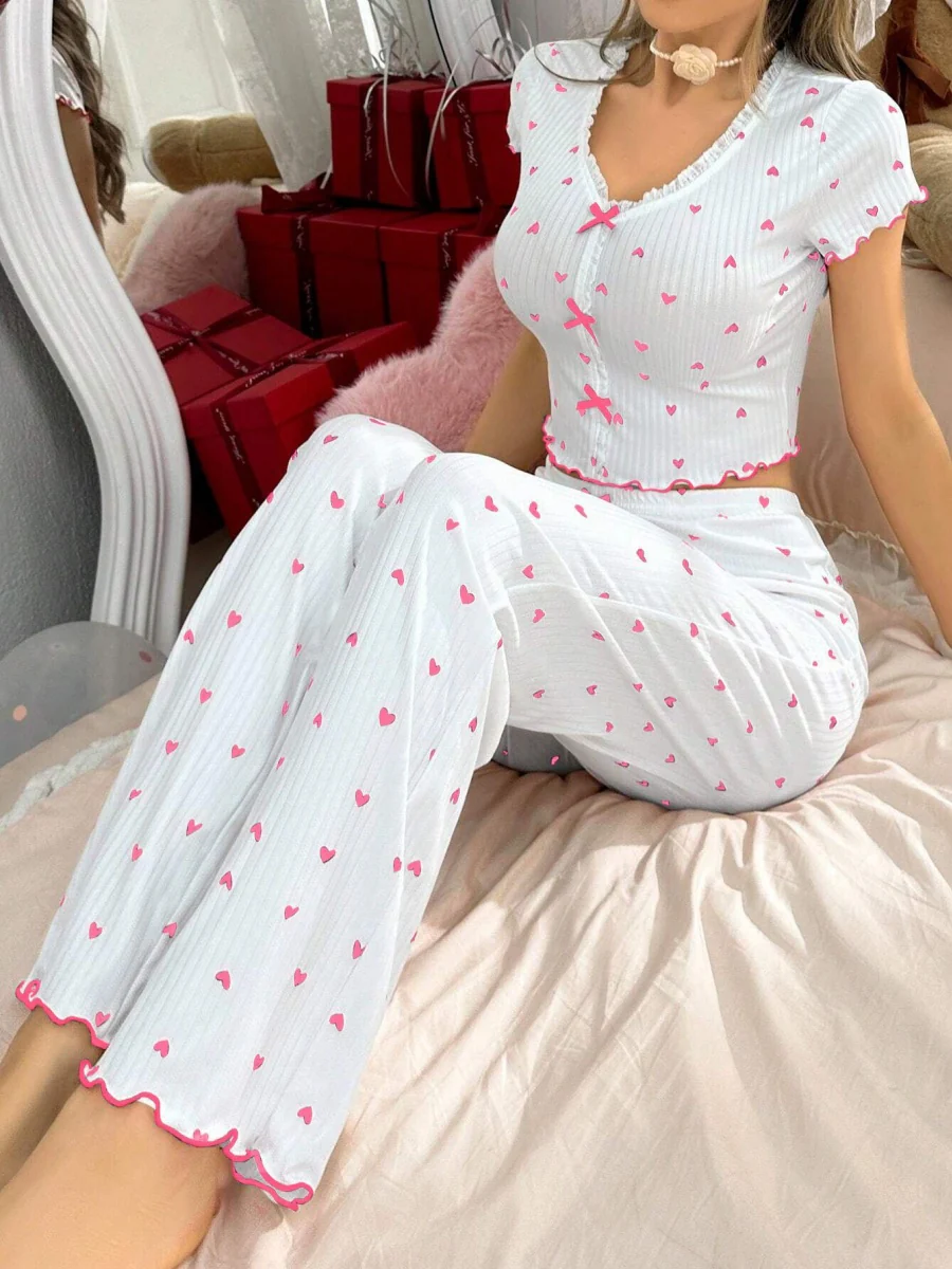 Heart-print Bow V-neck Short-sleeved Trousers Set That Can Be Worn As Loungewear - Image 13