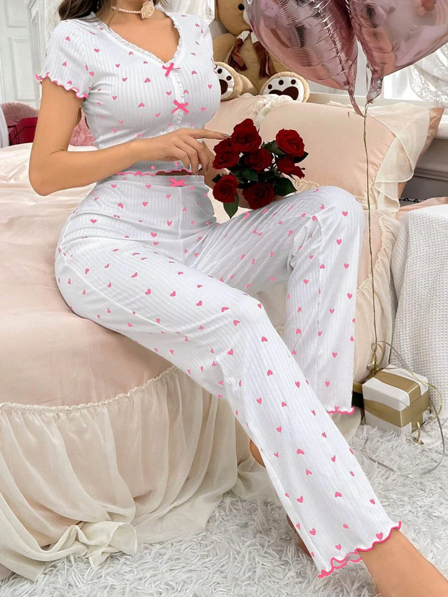 Heart-print Bow V-neck Short-sleeved Trousers Set That Can Be Worn As Loungewear - Image 16