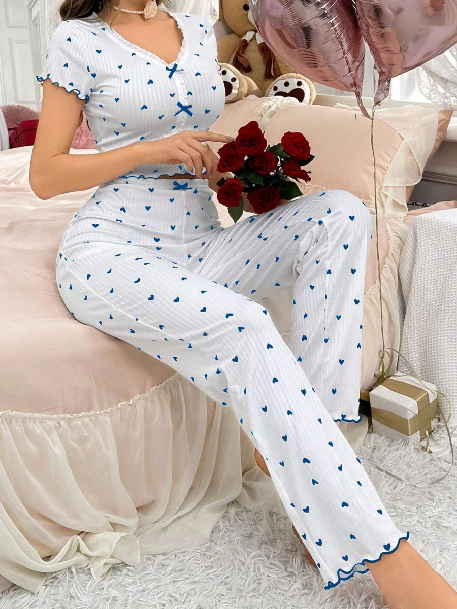 Heart-print Bow V-neck Short-sleeved Trousers Set That Can Be Worn As Loungewear - Image 21