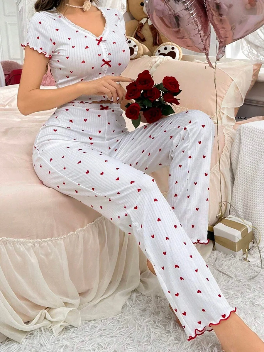 Heart-print Bow V-neck Short-sleeved Trousers Set That Can Be Worn As Loungewear - Image 5