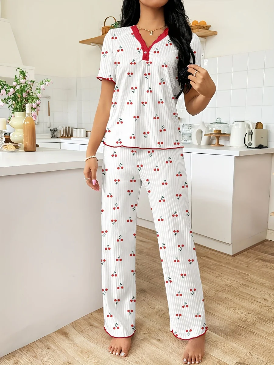 Heart-print V-neck Short-sleeved Trousers Loungewear Set - Image 17