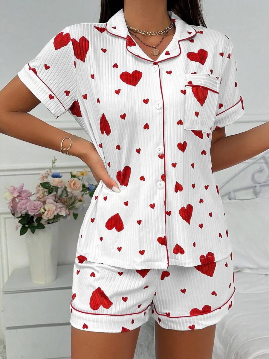 Heart-print Cardigan With Collar And Button-down Short Sleeves And Shorts, Two-piece Loungewear Set - Image 5