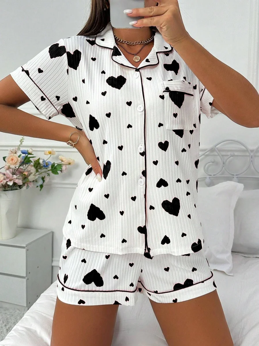 Heart-print Cardigan With Collar And Button-down Short Sleeves And Shorts, Two-piece Loungewear Set - Image 6