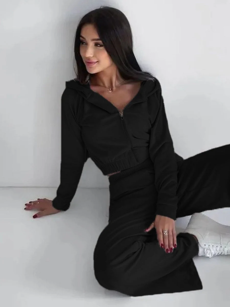Liber Autumn women's clothing zipper Hooded long-sleeved cardigan two-piece set - Image 9
