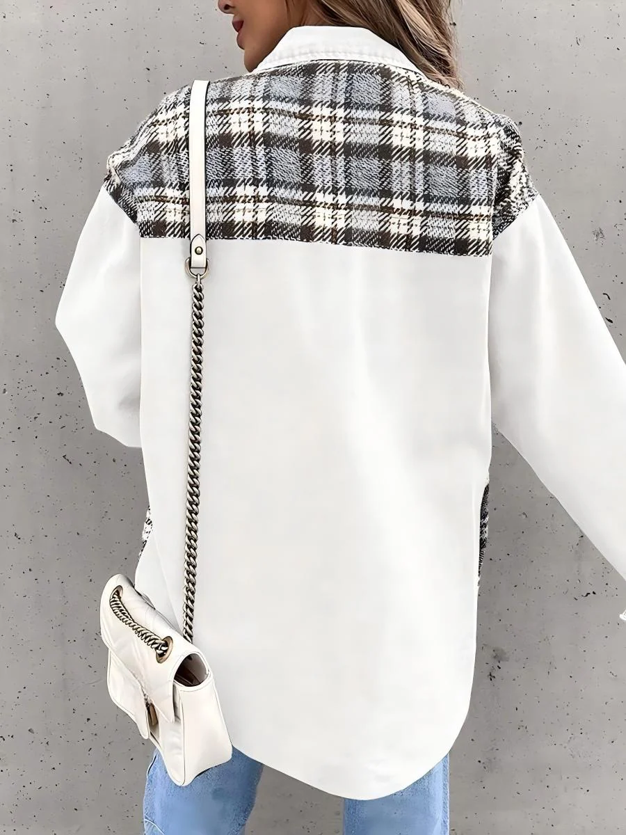 Long Sleeve Plaid Splicing Fasten Denim Jackets - Image 13