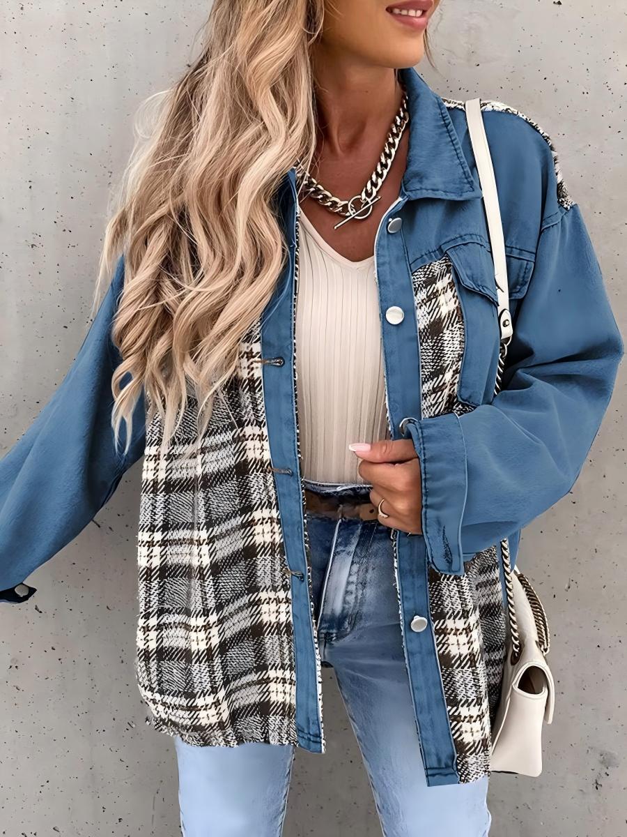 Long Sleeve Plaid Splicing Fasten Denim Jackets - Image 3