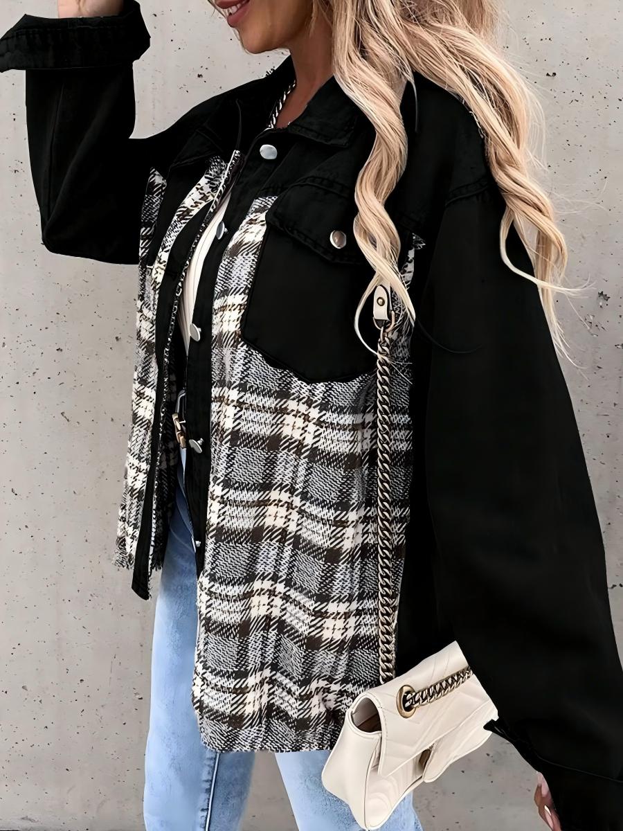 Long Sleeve Plaid Splicing Fasten Denim Jackets - Image 7