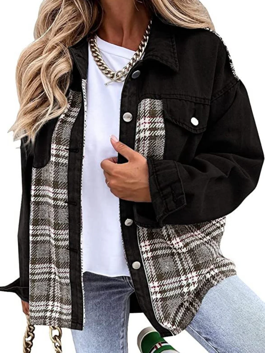 Long Sleeve Plaid Splicing Fasten Denim Jackets - Image 9