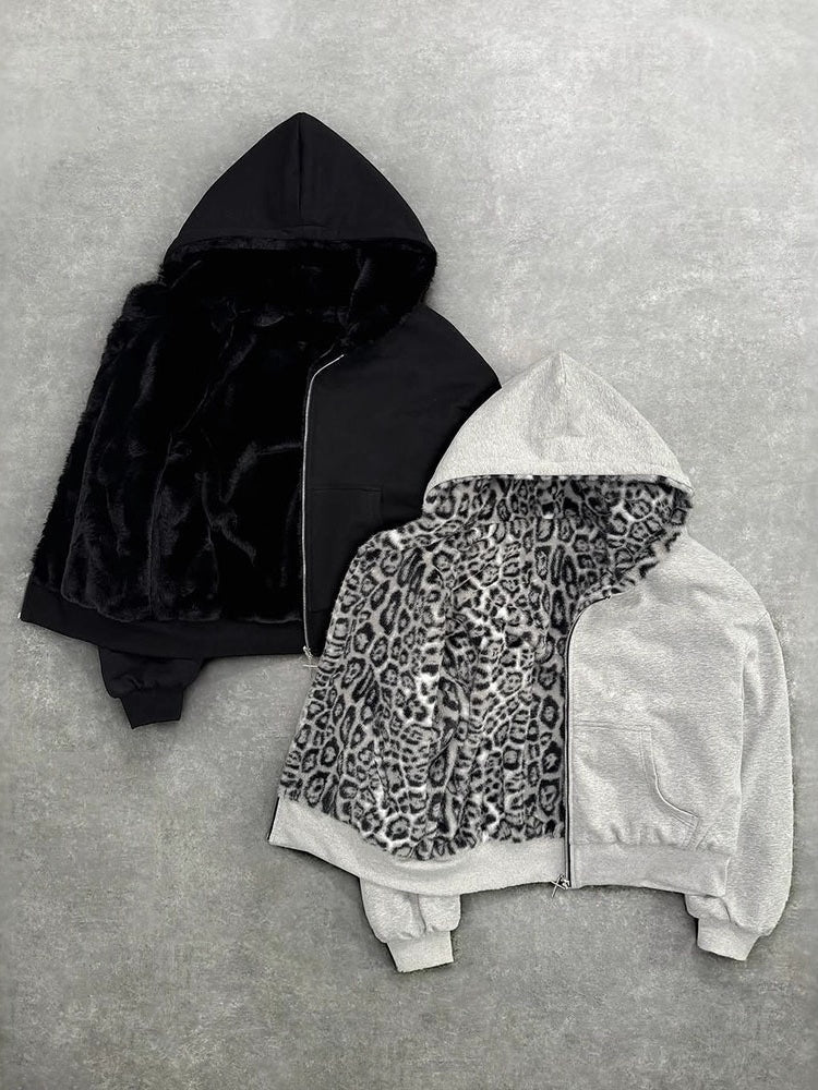 Reversible Leopard Print Lightweight Fleece Hoodie Jacket