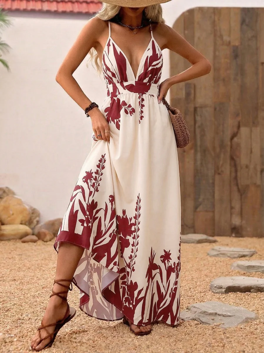 Camisoles Backless Printed Retro Vacation Maxi Dresses