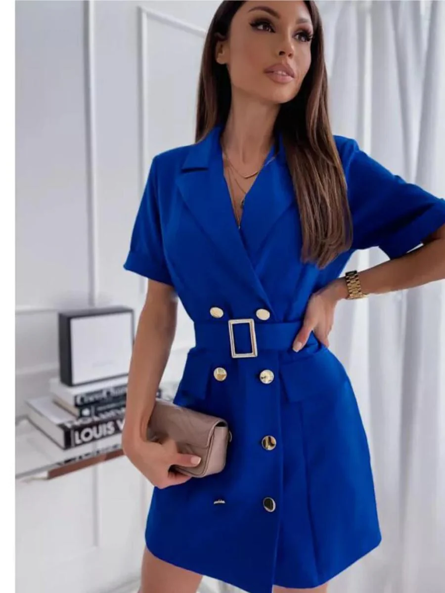 Double-breasted Lapel Belts&Chain Short Sleeve Waist Short Suit Dress - Image 5