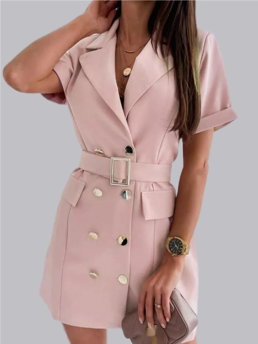 Double-breasted Lapel Belts&Chain Short Sleeve Waist Short Suit Dress - Image 7