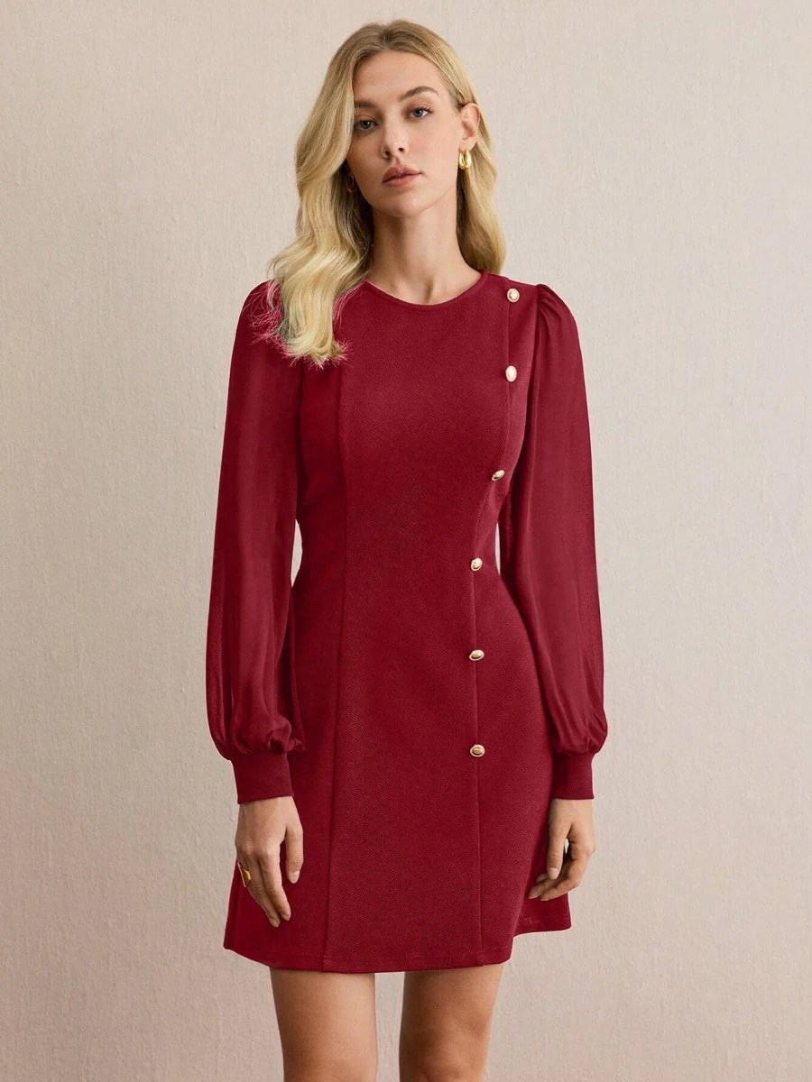 Pullover Crew Neck Splicing Fasteners Slim Fit Slimming Long Sleeve Workplace Casual Short Dress