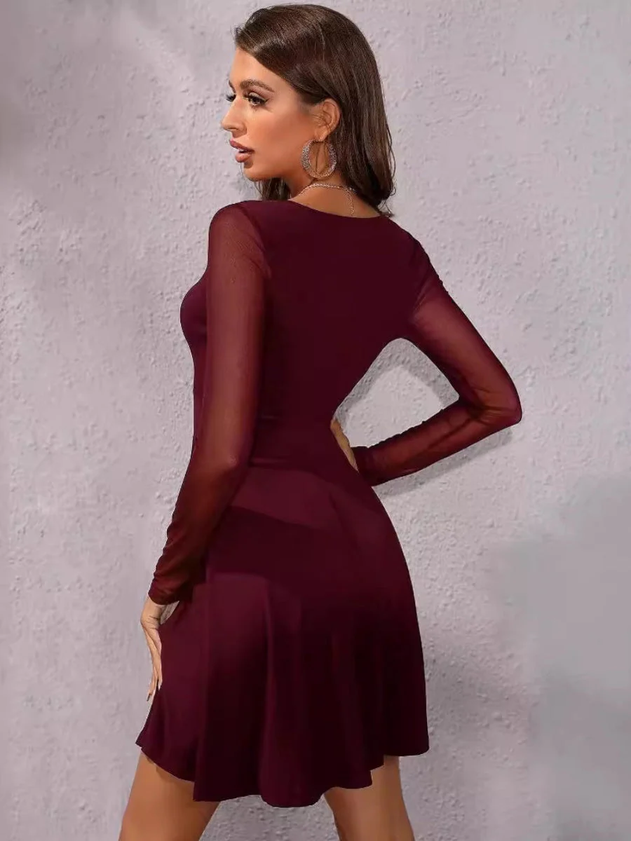 V-neck Sexy Slim Fit Mesh Long Sleeve Parties Grace Workplace Mini&Short Dresses - Image 2
