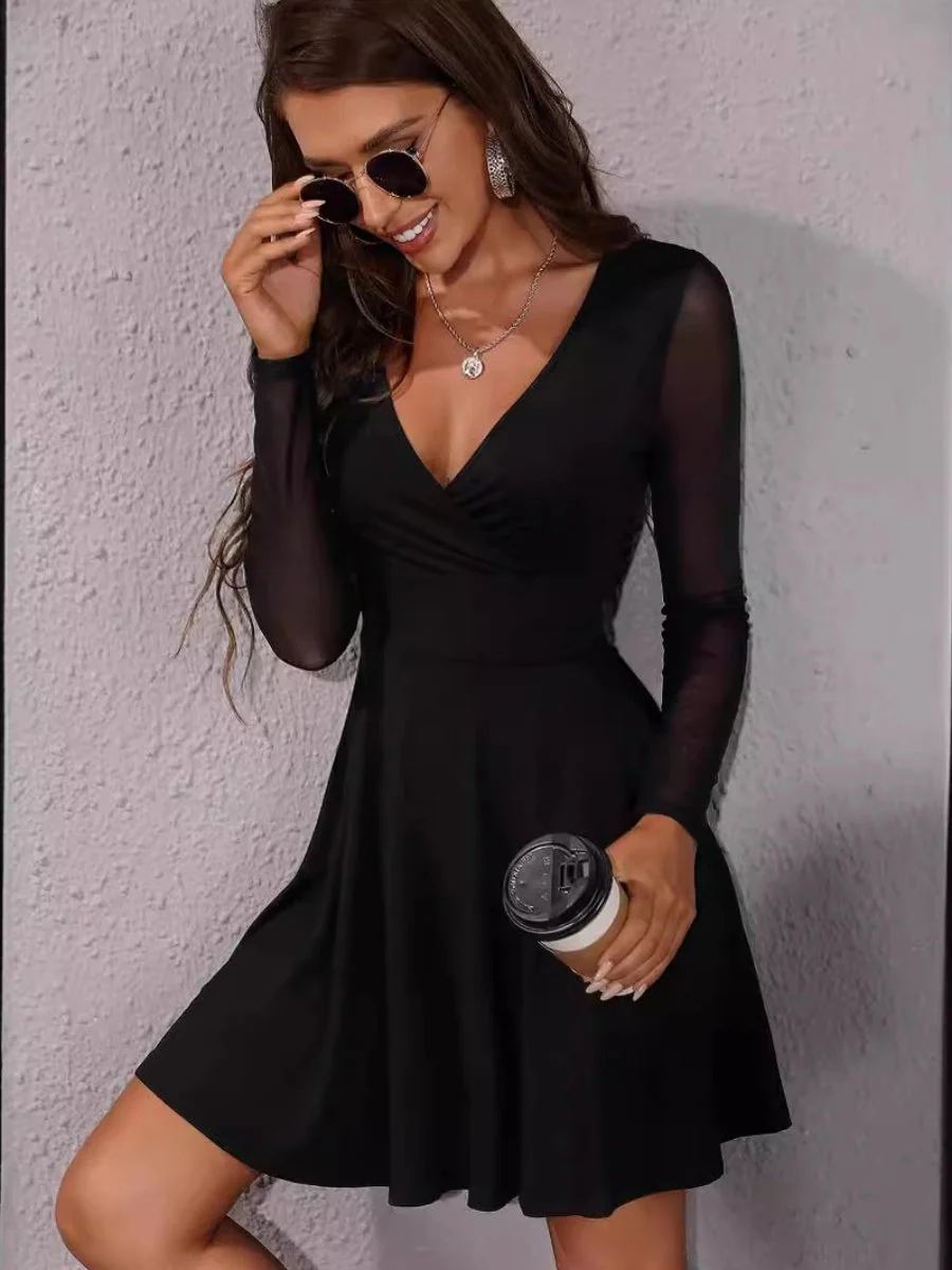 V-neck Sexy Slim Fit Mesh Long Sleeve Parties Grace Workplace Mini&Short Dresses - Image 4