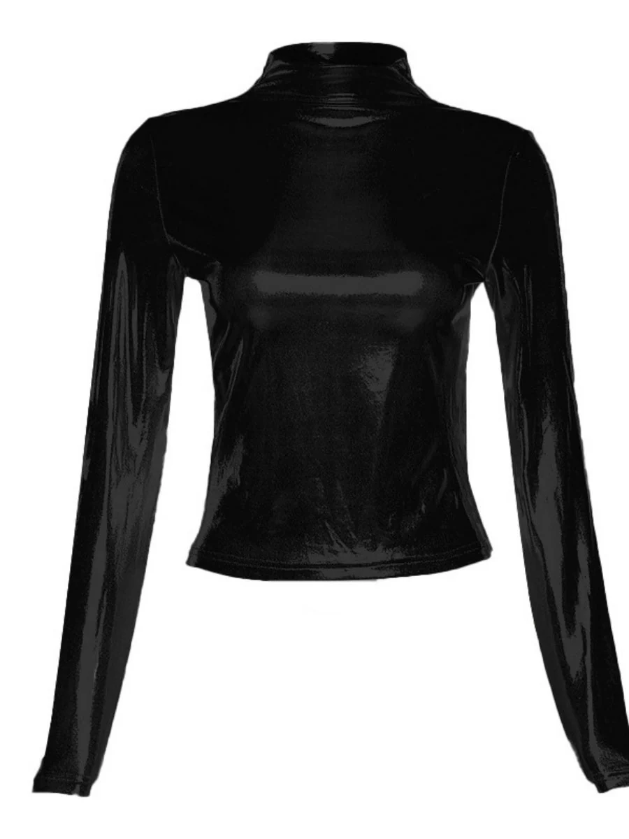 Half Turtleneck Patent Leather Metallic Color Long Sleeve Tight Fit T-shirts - Image 10