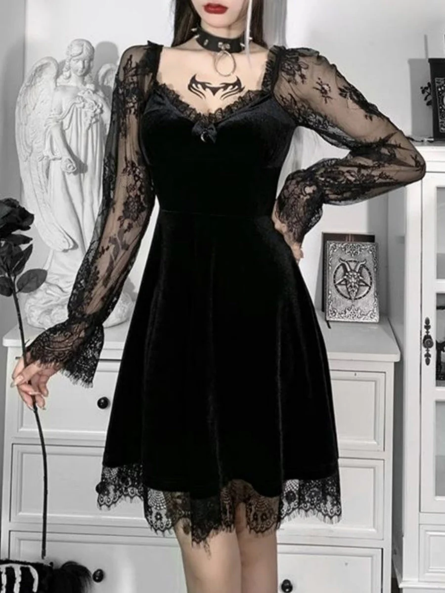 Lace Velvet Long Sleeve Midi Dresses - Image 7