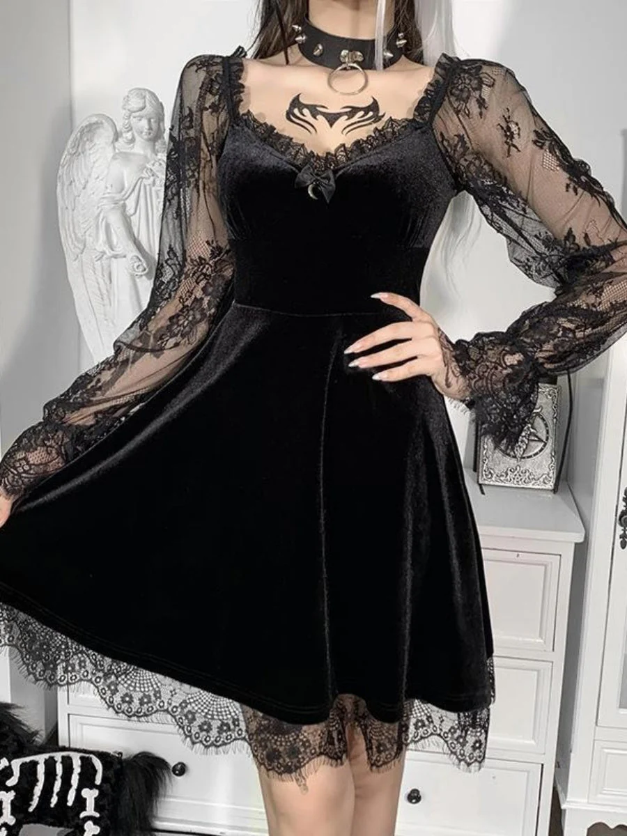 Lace Velvet Long Sleeve Midi Dresses - Image 8