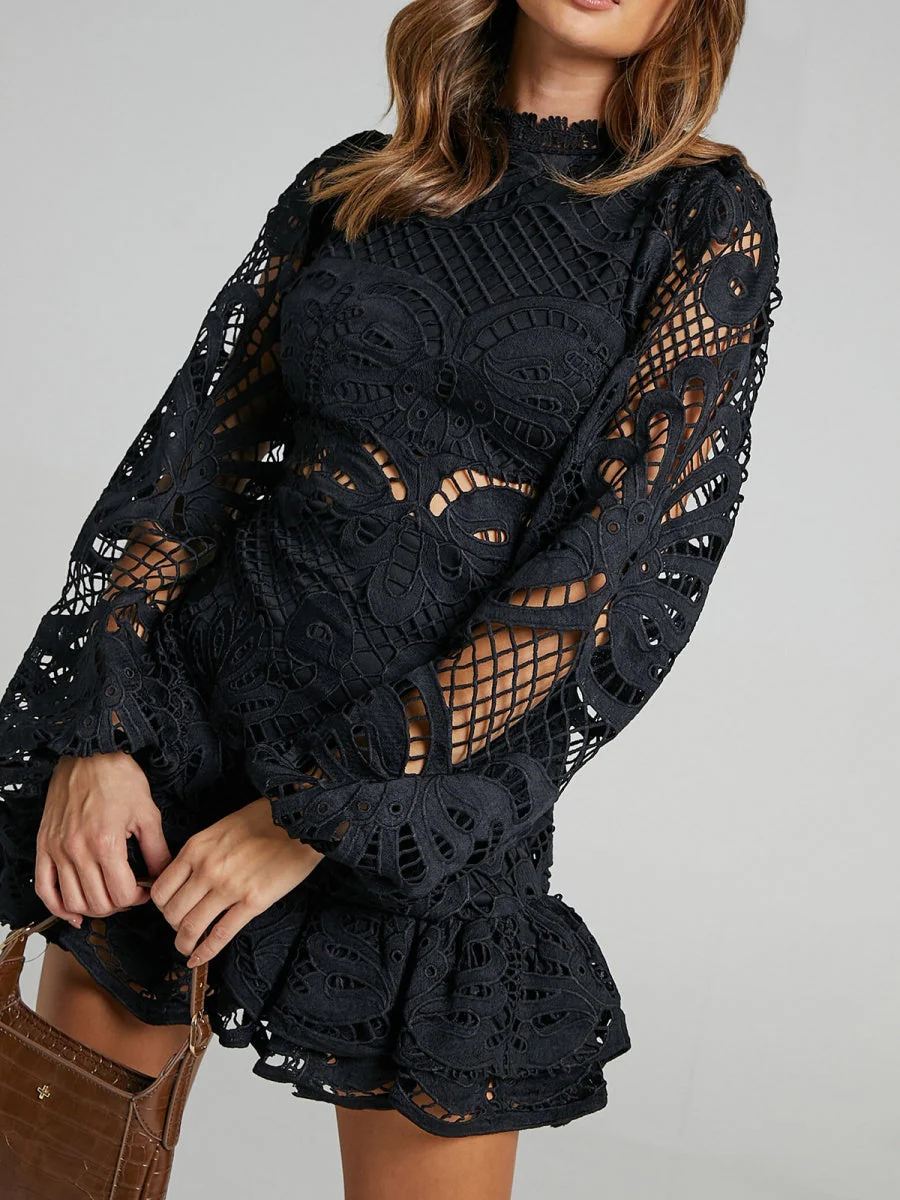 Lantern-style Long-sleeved, Fitted A-line Dress With Ruffled Hem And Water-soluble Lace. - Image 13