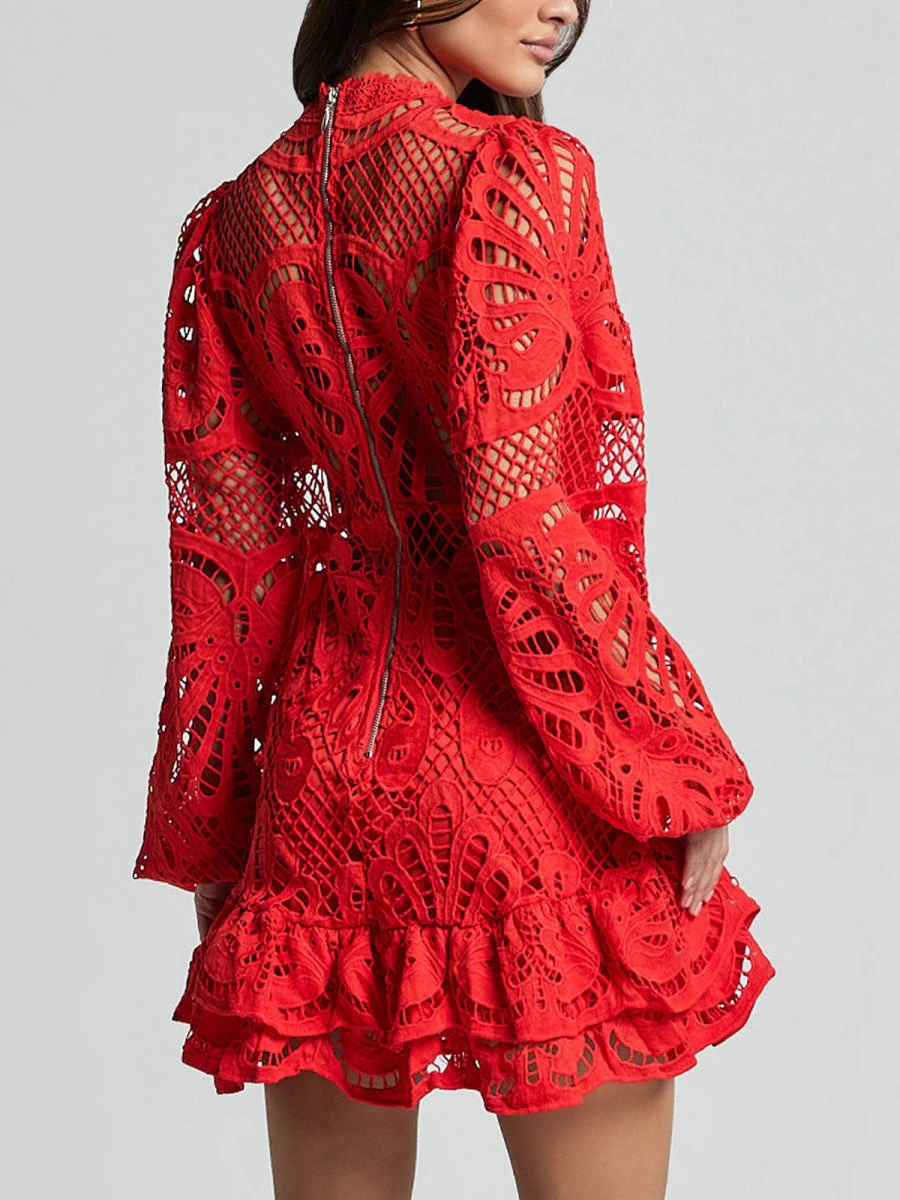 Lantern-style Long-sleeved, Fitted A-line Dress With Ruffled Hem And Water-soluble Lace. - Image 20