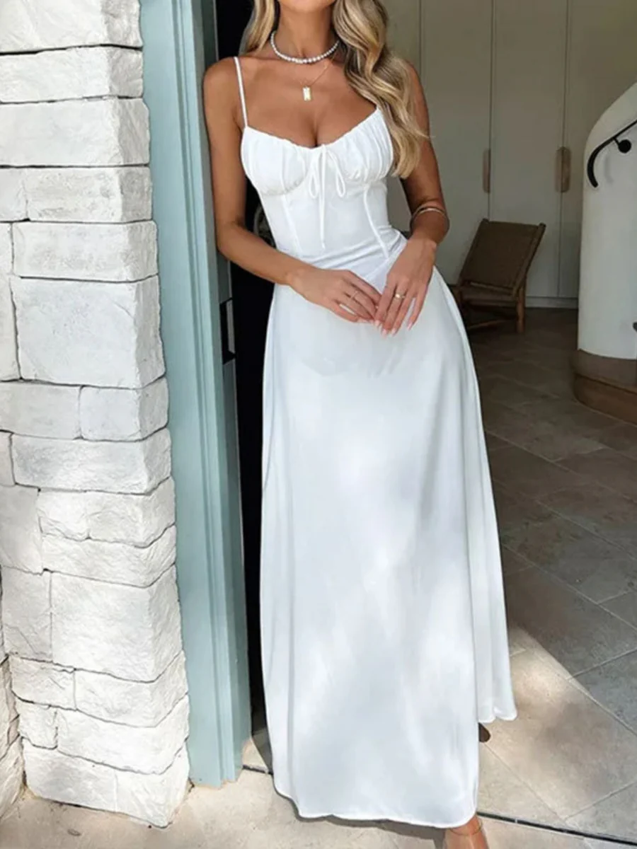 Lace-up A-line Solid Color Suspender Long Dress - Image 2