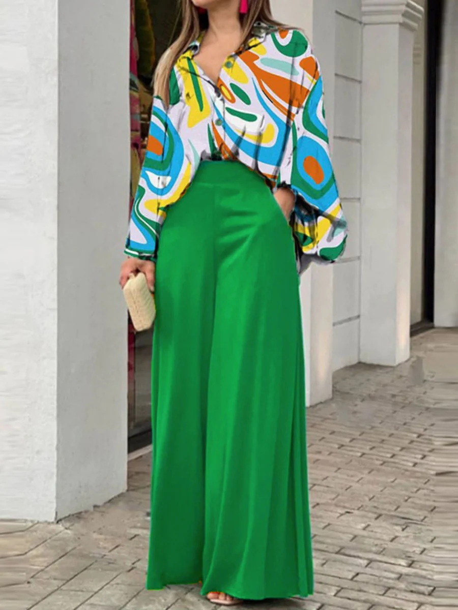 Multi-color Printed Shirt And Wide-leg Pants Two-piece Set