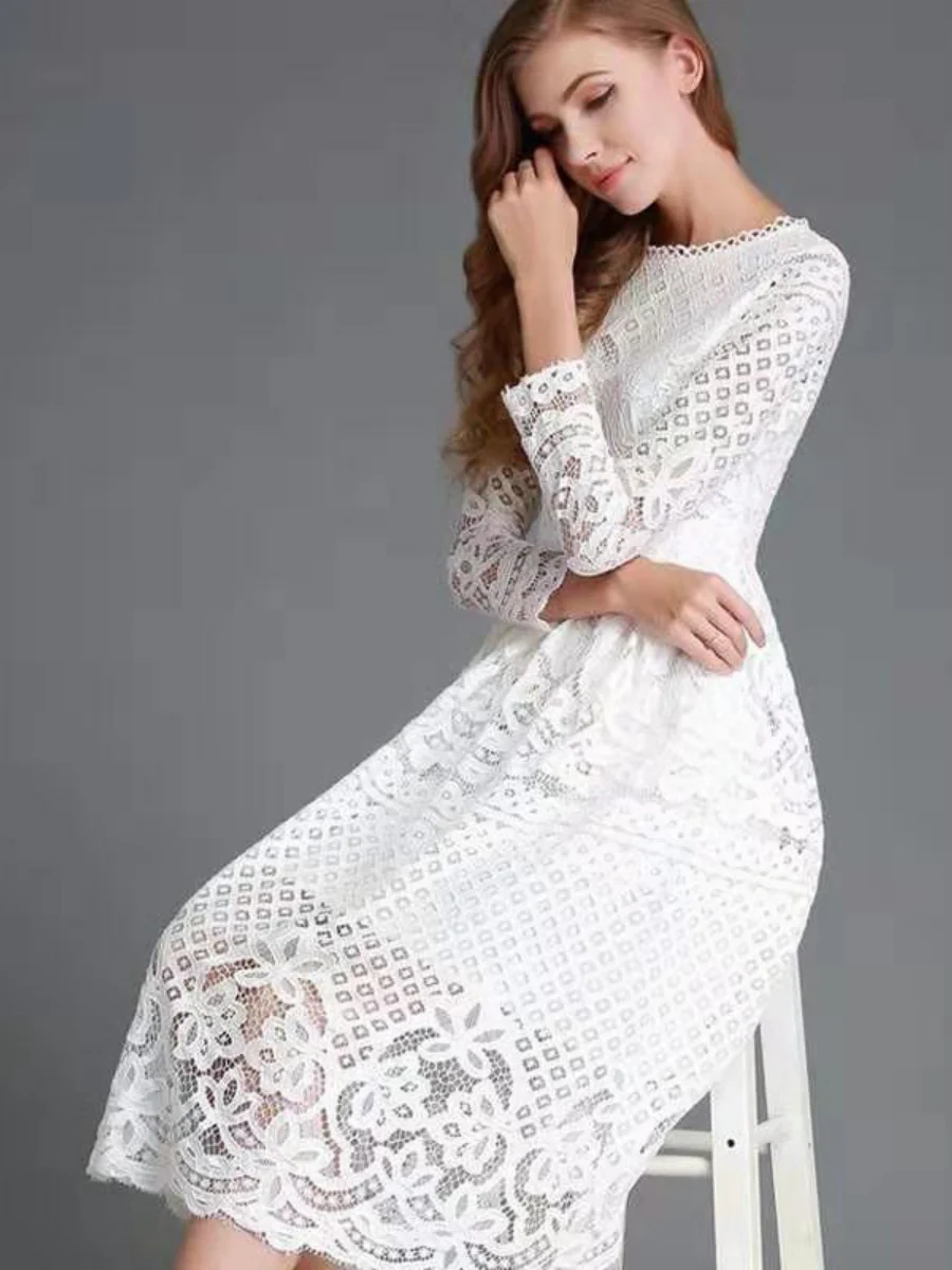 Round Neck Lace Long Sleeve Slim Midi Dress - Image 2