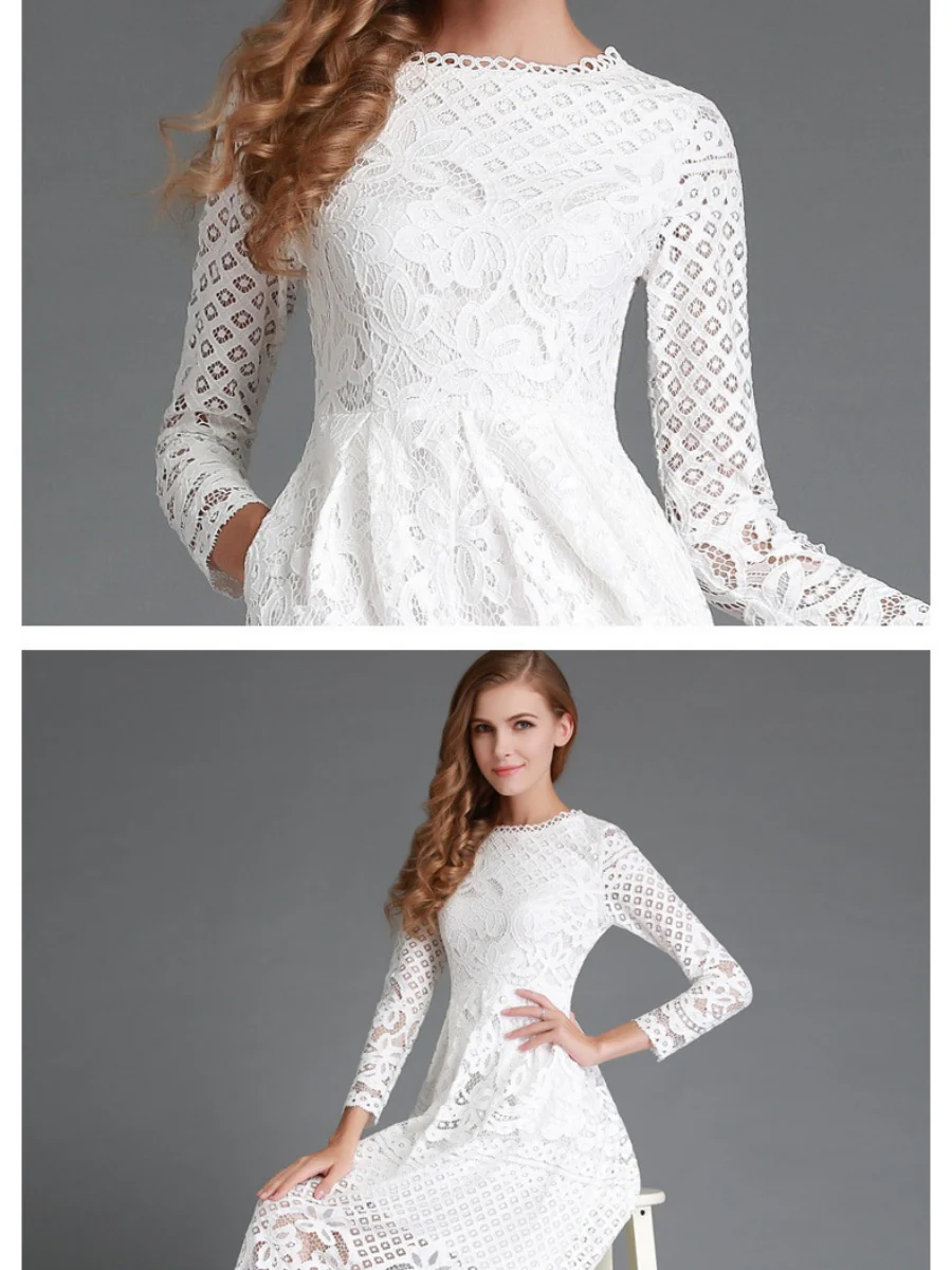 Round Neck Lace Long Sleeve Slim Midi Dress - Image 3