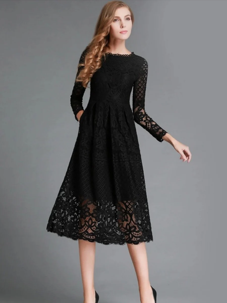 Round Neck Lace Long Sleeve Slim Midi Dress - Image 7