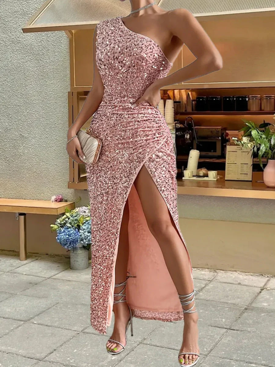 Sequined One-shoulder Sleeveless Slit Maxi Dresses - Image 7